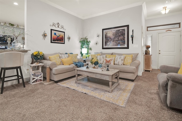 living room with ornamental molding and carpet flooring