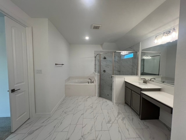 bathroom featuring vanity and plus walk in shower