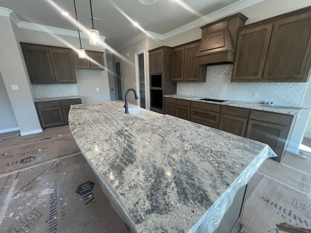 kitchen featuring light stone counters, sink, custom exhaust hood, and a center island with sink