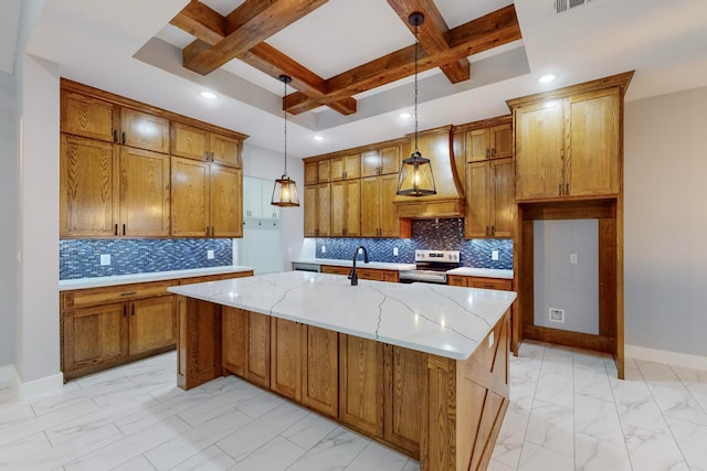 kitchen with stainless steel range with electric stovetop, pendant lighting, decorative backsplash, beamed ceiling, and a kitchen island with sink