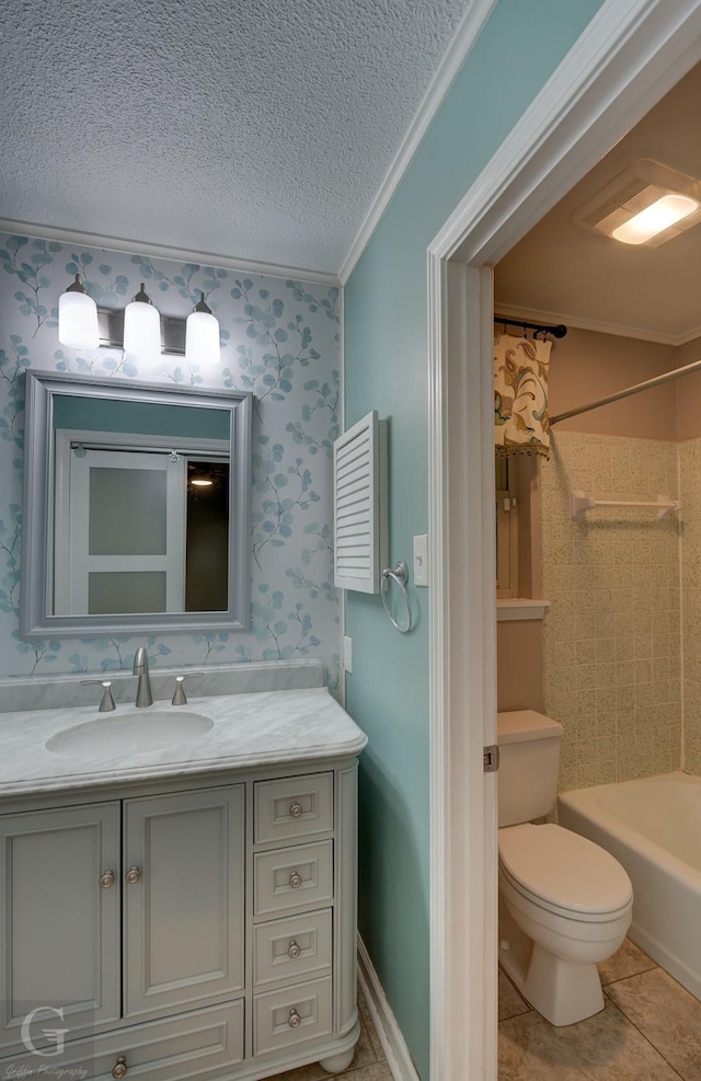 full bath featuring wallpapered walls, toilet, ornamental molding, a textured ceiling, and vanity