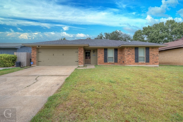 ranch-style house with a front lawn, brick siding, driveway, and an attached garage