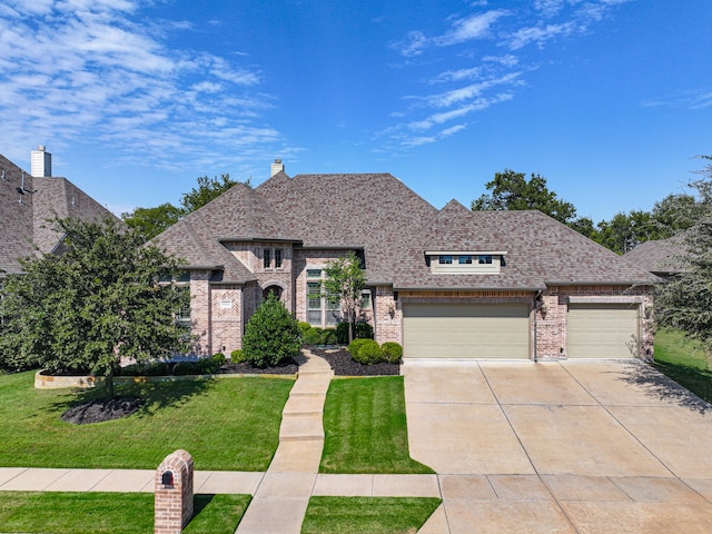 view of front of house with a front yard and a garage