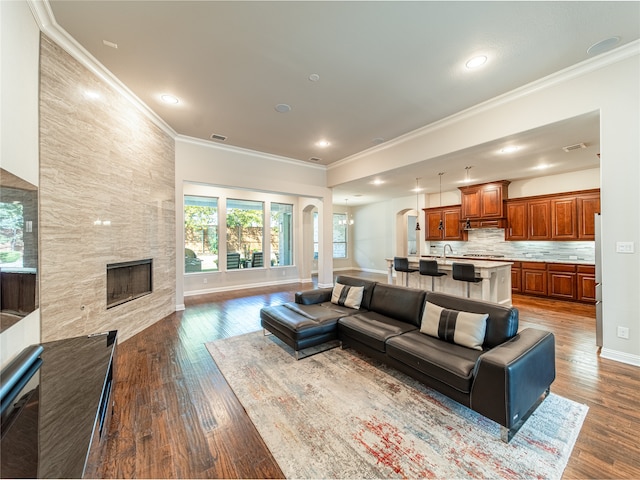 living room featuring dark hardwood / wood-style floors, a stone fireplace, and ornamental molding