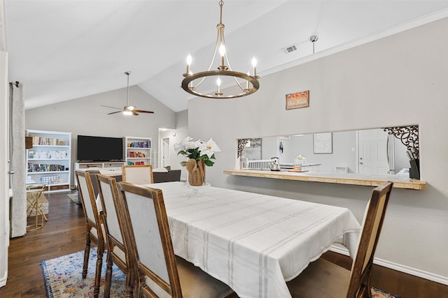 dining space featuring dark wood-type flooring, high vaulted ceiling, and ceiling fan with notable chandelier