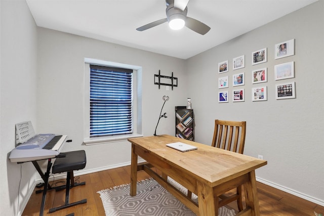 office space featuring ceiling fan and hardwood / wood-style floors