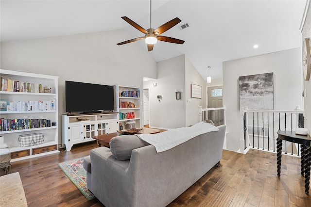 living room featuring ceiling fan, high vaulted ceiling, and dark hardwood / wood-style flooring