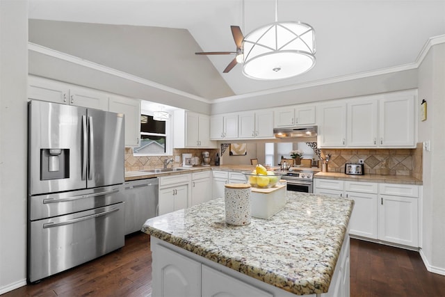 kitchen with appliances with stainless steel finishes, lofted ceiling, white cabinetry, and dark hardwood / wood-style floors