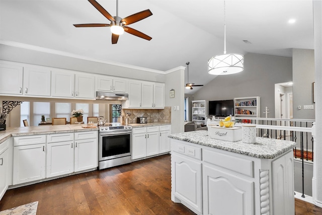 kitchen featuring dark wood-type flooring, hanging light fixtures, stainless steel range with electric stovetop, white cabinetry, and ceiling fan