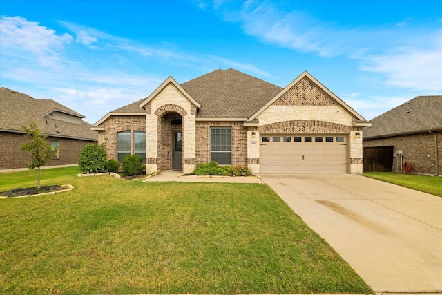 view of front of home featuring a garage and a front lawn