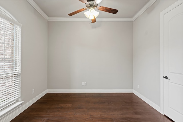 unfurnished room featuring crown molding, dark hardwood / wood-style floors, and ceiling fan