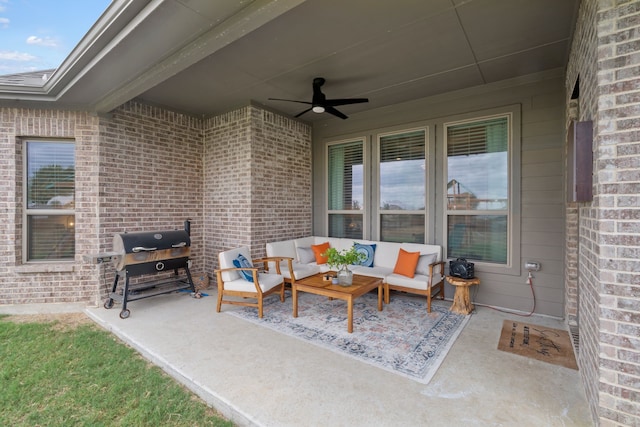 view of patio featuring ceiling fan, an outdoor hangout area, and area for grilling