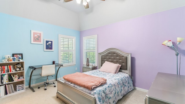 bedroom featuring light colored carpet and ceiling fan