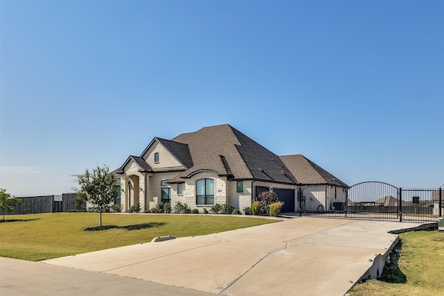 french country inspired facade with a garage, fence, driveway, a gate, and a front yard