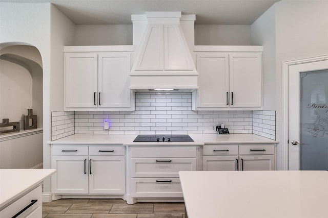 kitchen featuring light countertops, backsplash, custom exhaust hood, and white cabinets