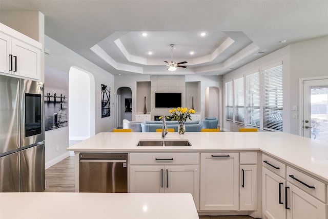 kitchen with appliances with stainless steel finishes, white cabinetry, sink, a raised ceiling, and ceiling fan