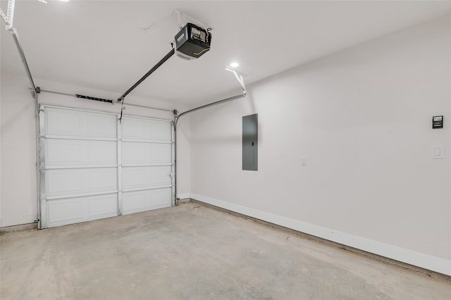 garage with electric panel and a garage door opener