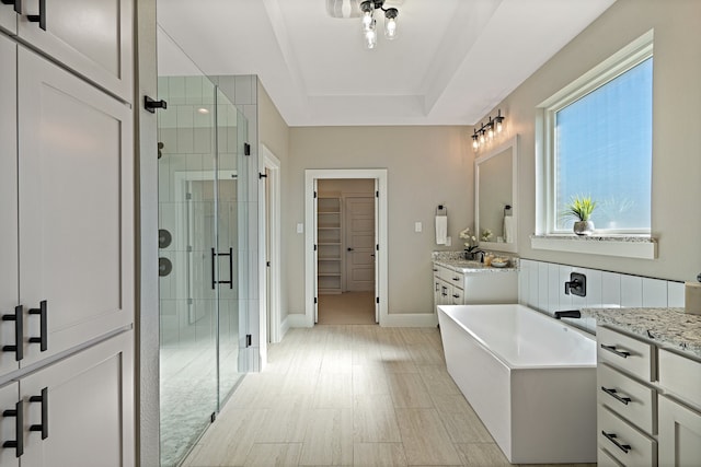 bathroom featuring vanity, independent shower and bath, and a raised ceiling