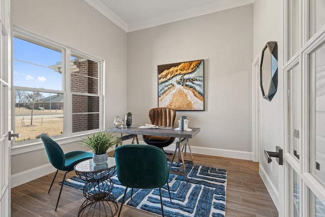 office space featuring crown molding, wood-type flooring, and french doors