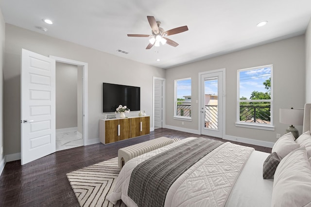 bedroom featuring dark wood-type flooring, access to exterior, and ceiling fan