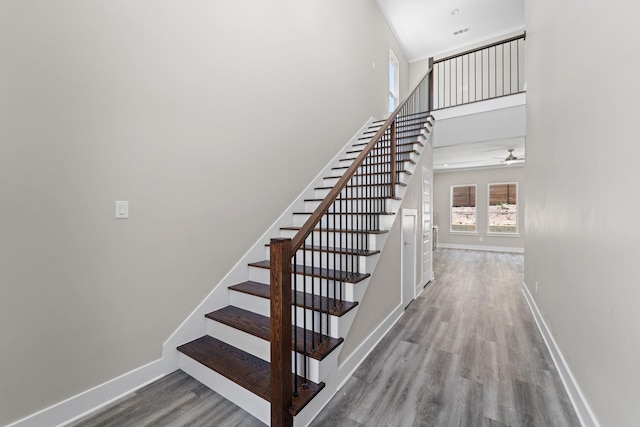 stairs with hardwood / wood-style floors and ceiling fan