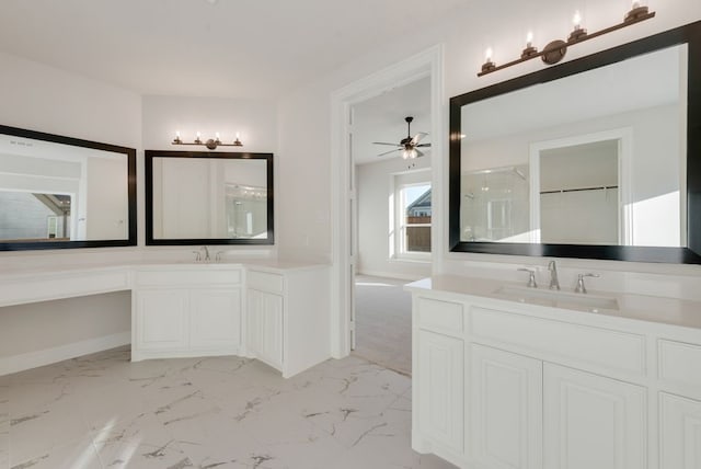 bathroom with ceiling fan and vanity