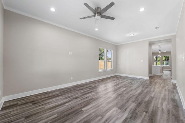 unfurnished room with crown molding, ceiling fan, and hardwood / wood-style flooring