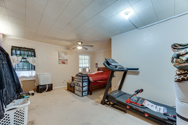 exercise area featuring ornamental molding, carpet flooring, and ceiling fan