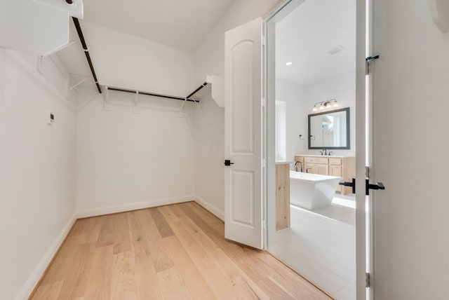 walk in closet with a sink and wood finished floors