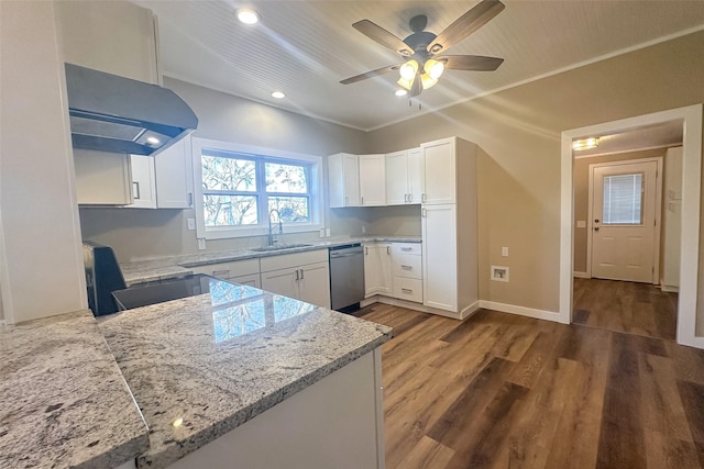 kitchen featuring wood-type flooring, white cabinetry, stainless steel dishwasher, and sink