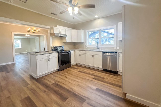 kitchen featuring white cabinets, electric range oven, stainless steel dishwasher, and sink