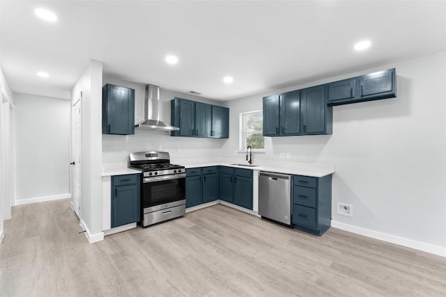 kitchen featuring a sink, light wood-type flooring, appliances with stainless steel finishes, and wall chimney exhaust hood