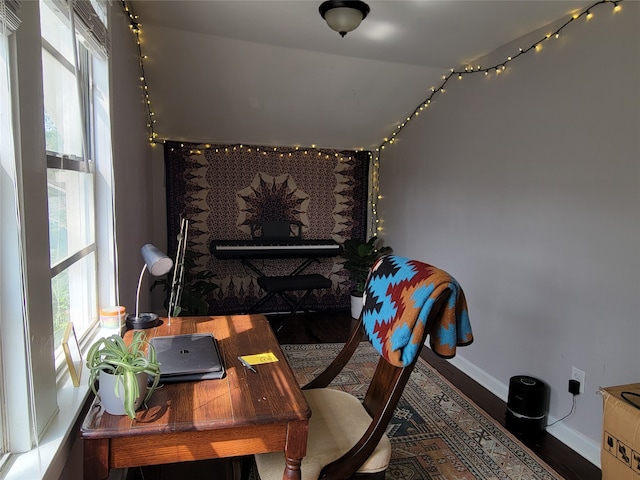 office with dark hardwood / wood-style floors and a healthy amount of sunlight