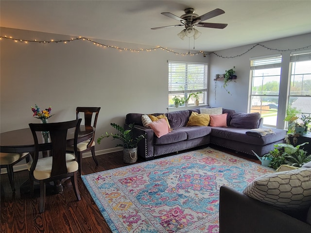 living room with ceiling fan and dark hardwood / wood-style flooring