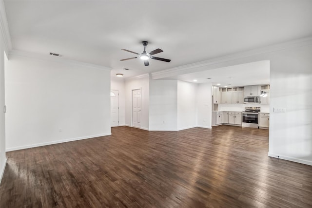 unfurnished living room featuring dark hardwood / wood-style flooring, crown molding, and ceiling fan