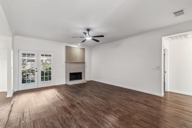 unfurnished living room with french doors, ceiling fan, ornamental molding, and dark hardwood / wood-style flooring