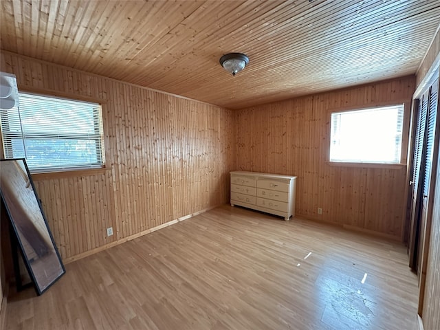 unfurnished room featuring light hardwood / wood-style floors, wood ceiling, and wooden walls