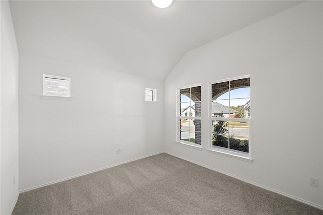 empty room with plenty of natural light, carpet flooring, and lofted ceiling