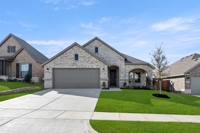 french provincial home featuring a front yard and a garage