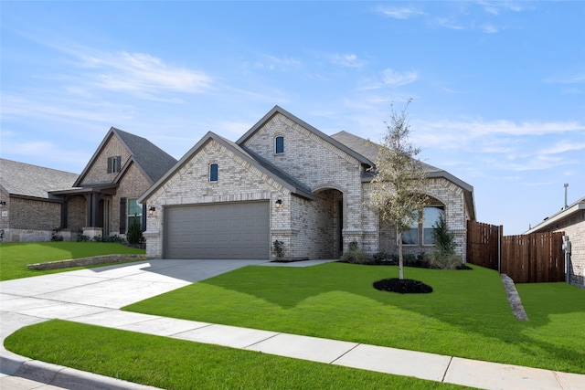 french country style house featuring a garage and a front lawn