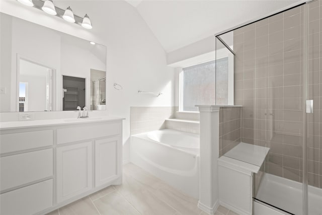 bathroom with separate shower and tub, tile patterned flooring, vanity, and vaulted ceiling