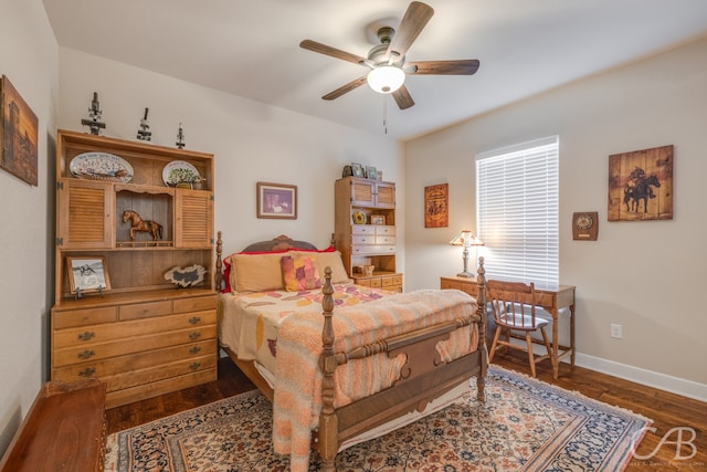 bedroom featuring ceiling fan and dark hardwood / wood-style flooring