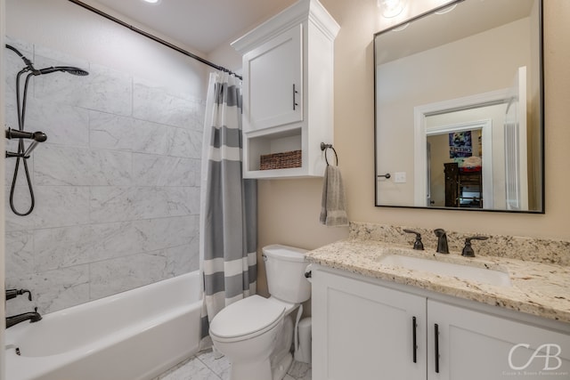 full bathroom with shower / bath combination with curtain, toilet, and vanity