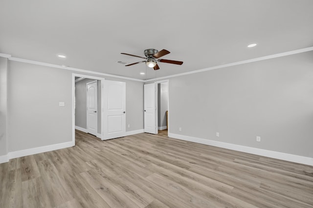 unfurnished bedroom with ceiling fan, crown molding, and light wood-type flooring