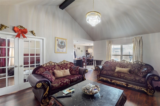 living room featuring beam ceiling, a chandelier, dark hardwood / wood-style floors, and high vaulted ceiling