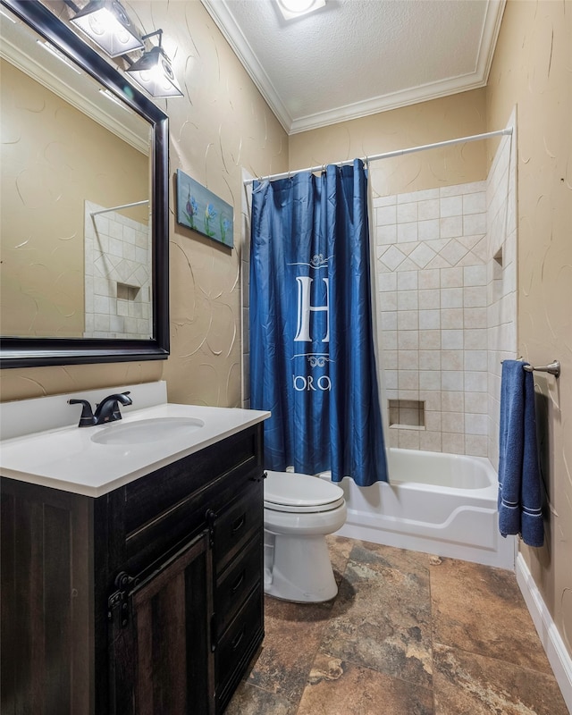 full bathroom with vanity, crown molding, shower / tub combo with curtain, and toilet