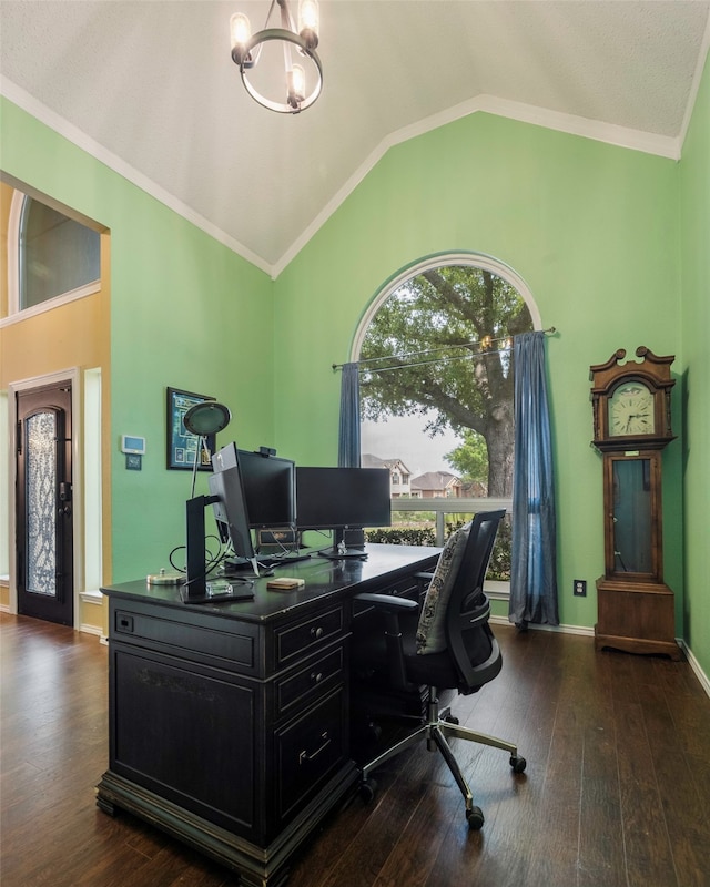 office space with lofted ceiling, a chandelier, crown molding, and dark hardwood / wood-style flooring