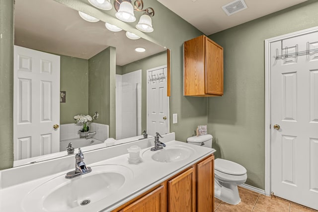 full bathroom with vanity, tile patterned floors, toilet, and shower with separate bathtub