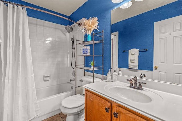 full bathroom with tile patterned flooring, vanity, shower / bath combination with curtain, and toilet