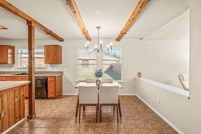 dining area with beamed ceiling, an inviting chandelier, and light tile patterned floors